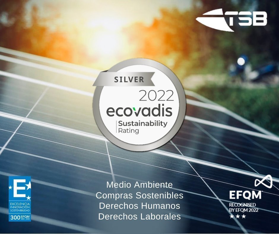 Imagen con placas solares y sobre ellas el sello Silver Ecovadis obtenido por TSB
